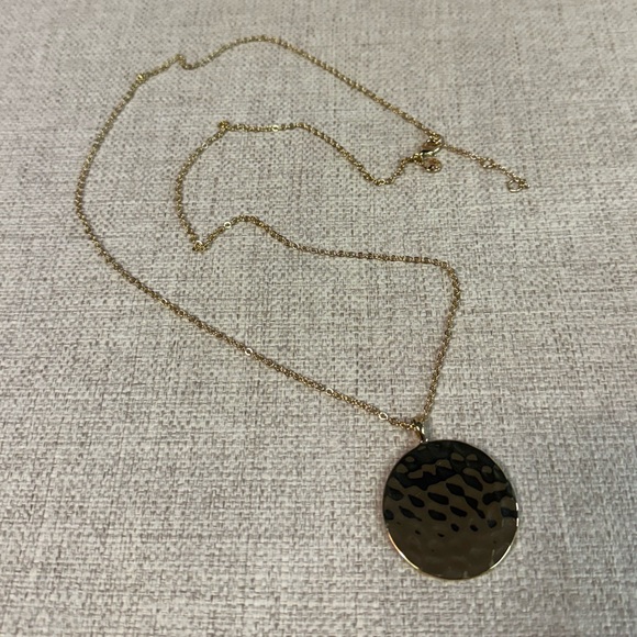 J Crew Long Gold Round Hammered Pendant Necklace - Picture 3 of 5
